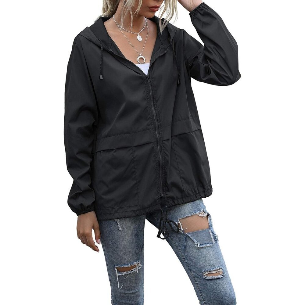 Women's Waterproof Raincoat Lightweight Rain Jacket Hooded Windbreaker with Pock